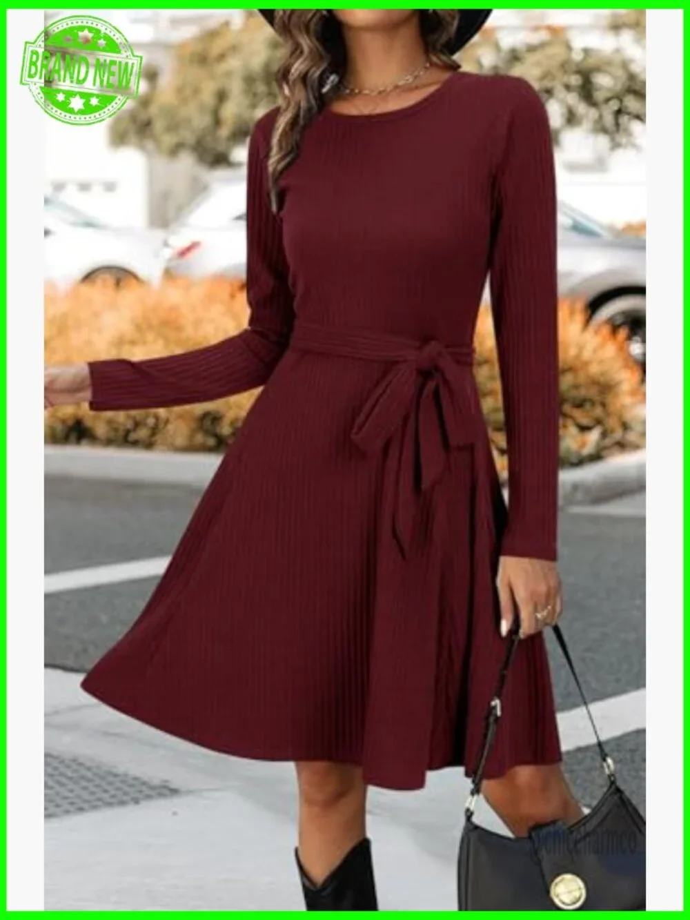 Long Sleeve Knit Sweater Dress with Pockets, Belted Waist, Work Casual - Picture 3 of 7